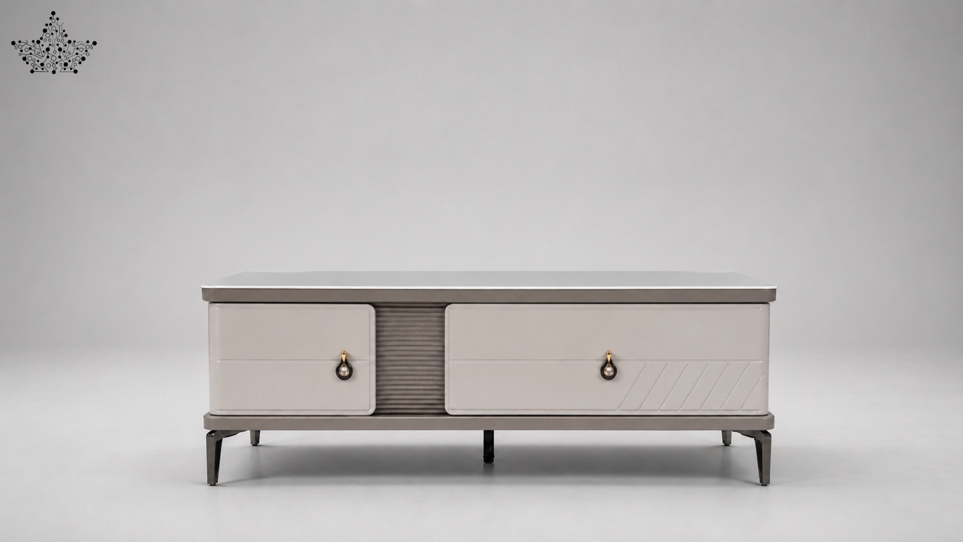Gray TV stand with two drawers on a gray background