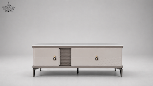 Gray TV stand with two drawers on a gray background
