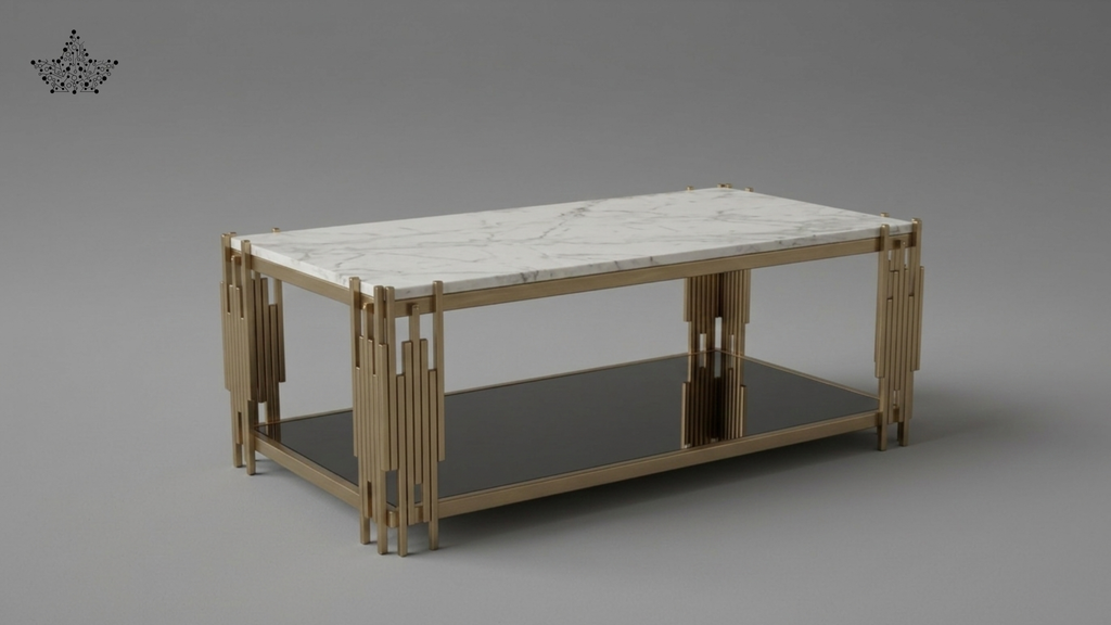 Coffee table with marble top and wooden frame on a gray background