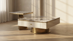 Decorative table with marble top and gold base in a room with curtains