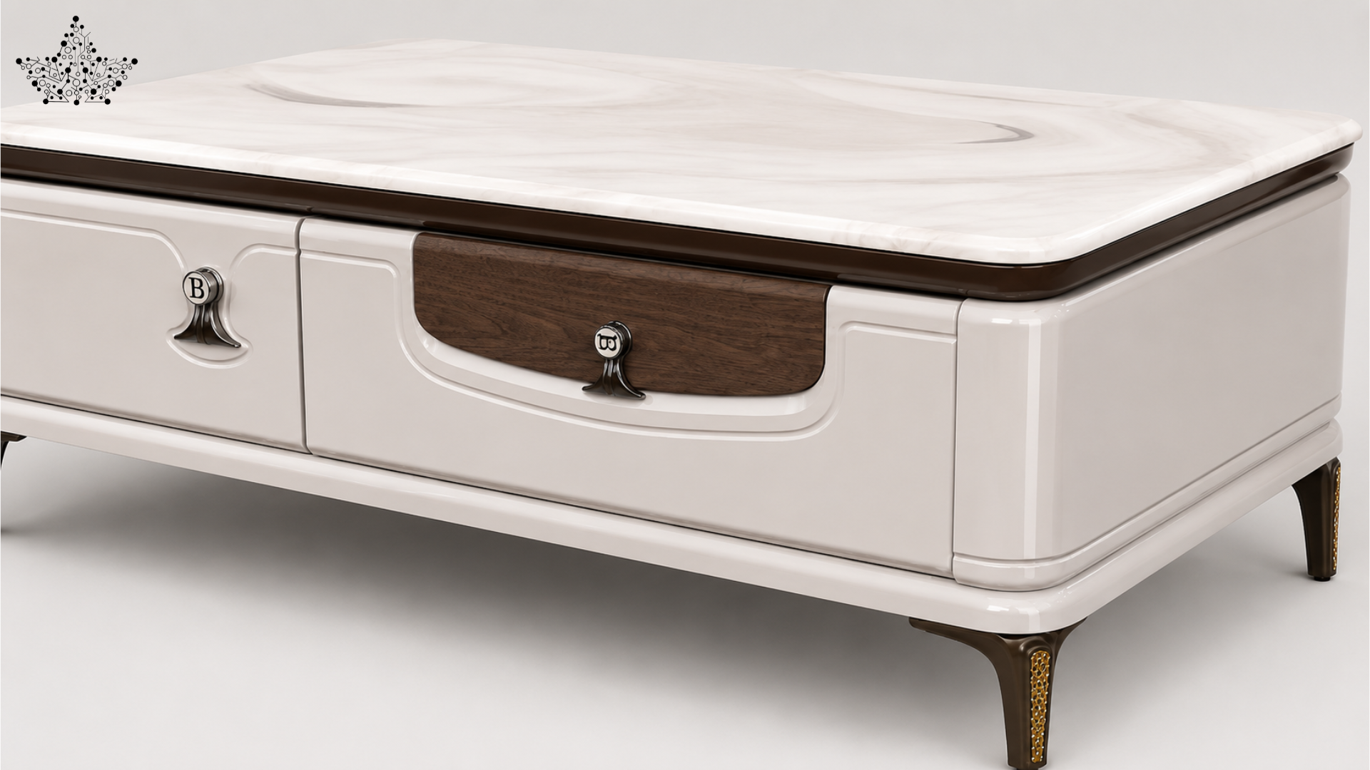 A modern rectangular coffee table with a cream-colored faux marble top, a dark brown wood drawer front, and dark brown legs with gold accents, shown on a light gray background.