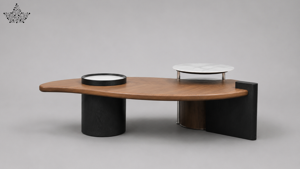 A modern low coffee table with a curved wooden top, black cylindrical pedestal legs, and a rectangular black side panel. A round white tray sits on the tabletop, and a smaller round white top is mounted on a metal stand.
