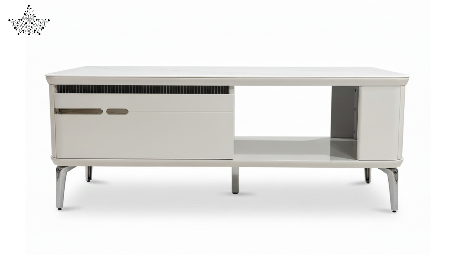 White coffee table with storage compartments on a white background