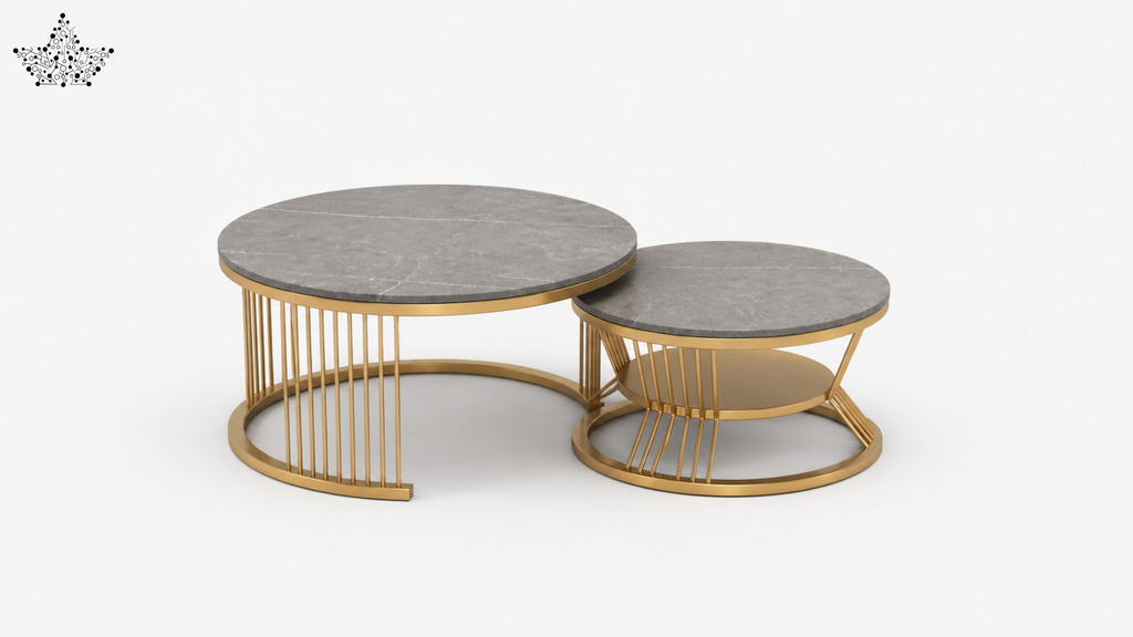 Set of two round coffee tables with gold metal frames and concrete tops on a white background