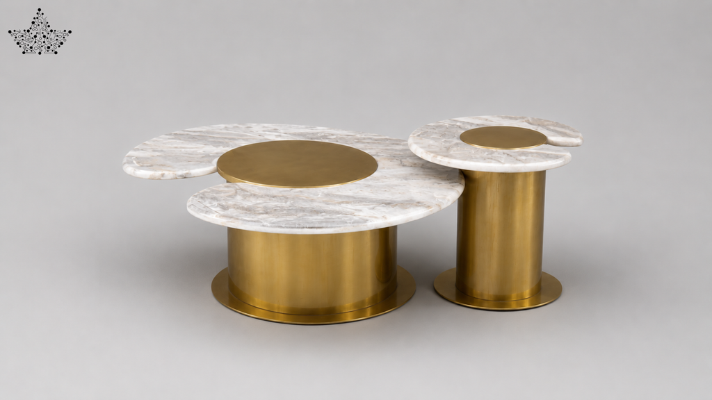 Modern coffee table with marble top and gold cylindrical base on a gray background