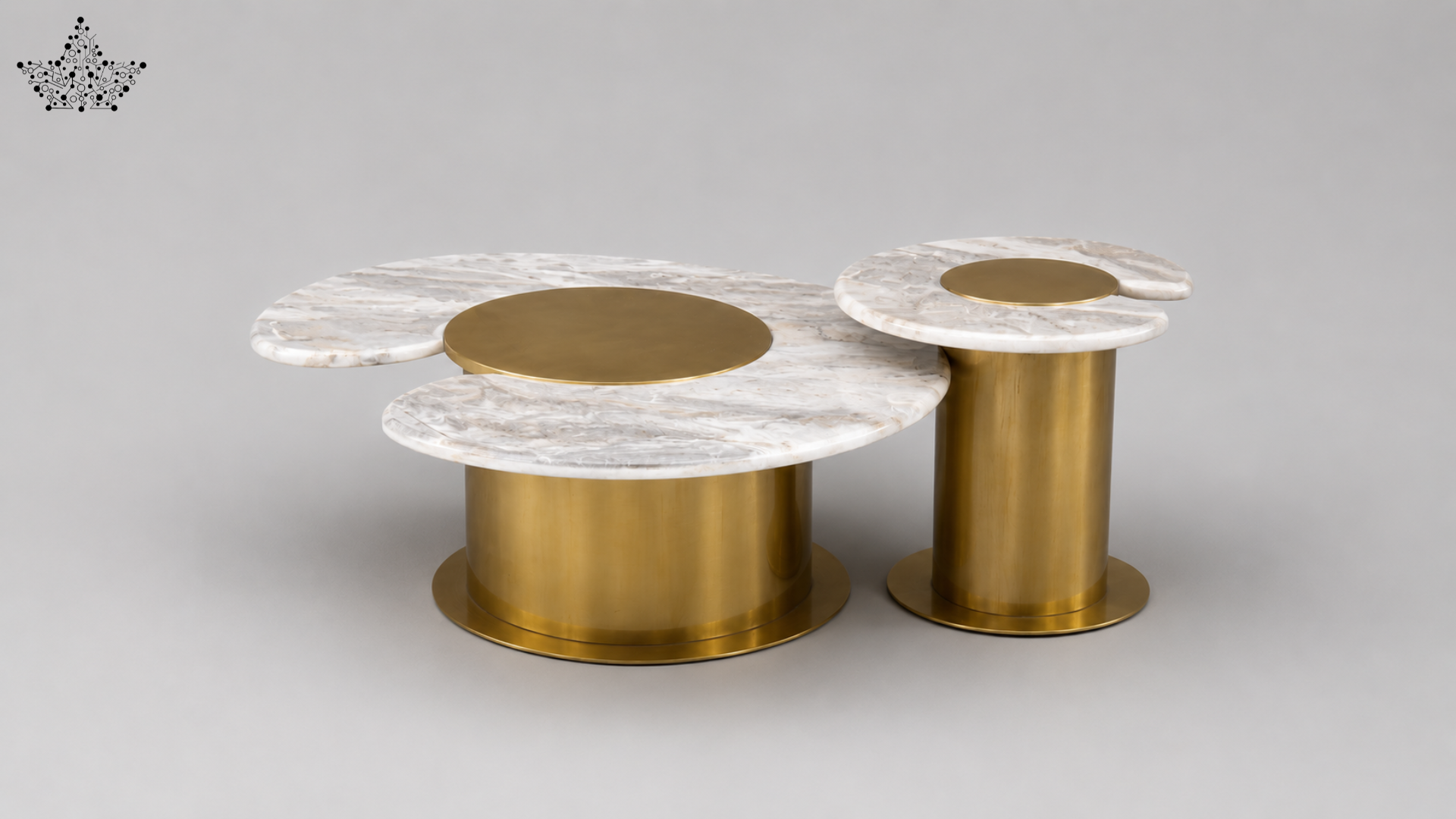 Modern coffee table with marble top and gold cylindrical base on a gray background