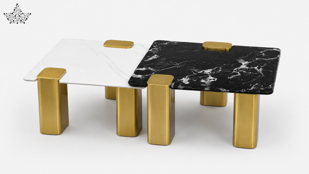 Two coffee tables with marble and white tops and gold legs on a white background