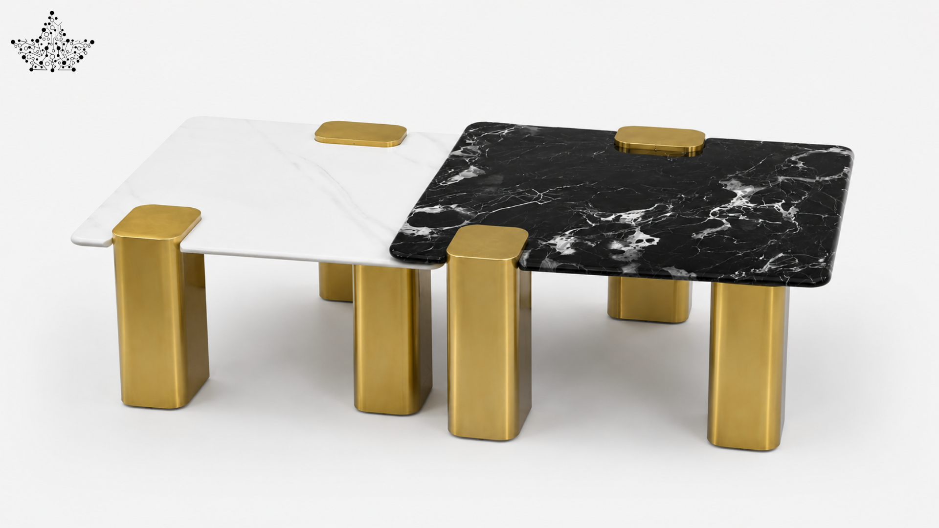 Two coffee tables with marble and white tops and gold legs on a white background