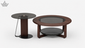 Two wooden coffee tables with glass tops on a white background