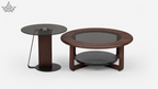 Two wooden coffee tables with glass tops on a white background