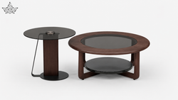 Two wooden coffee tables with glass tops on a white background