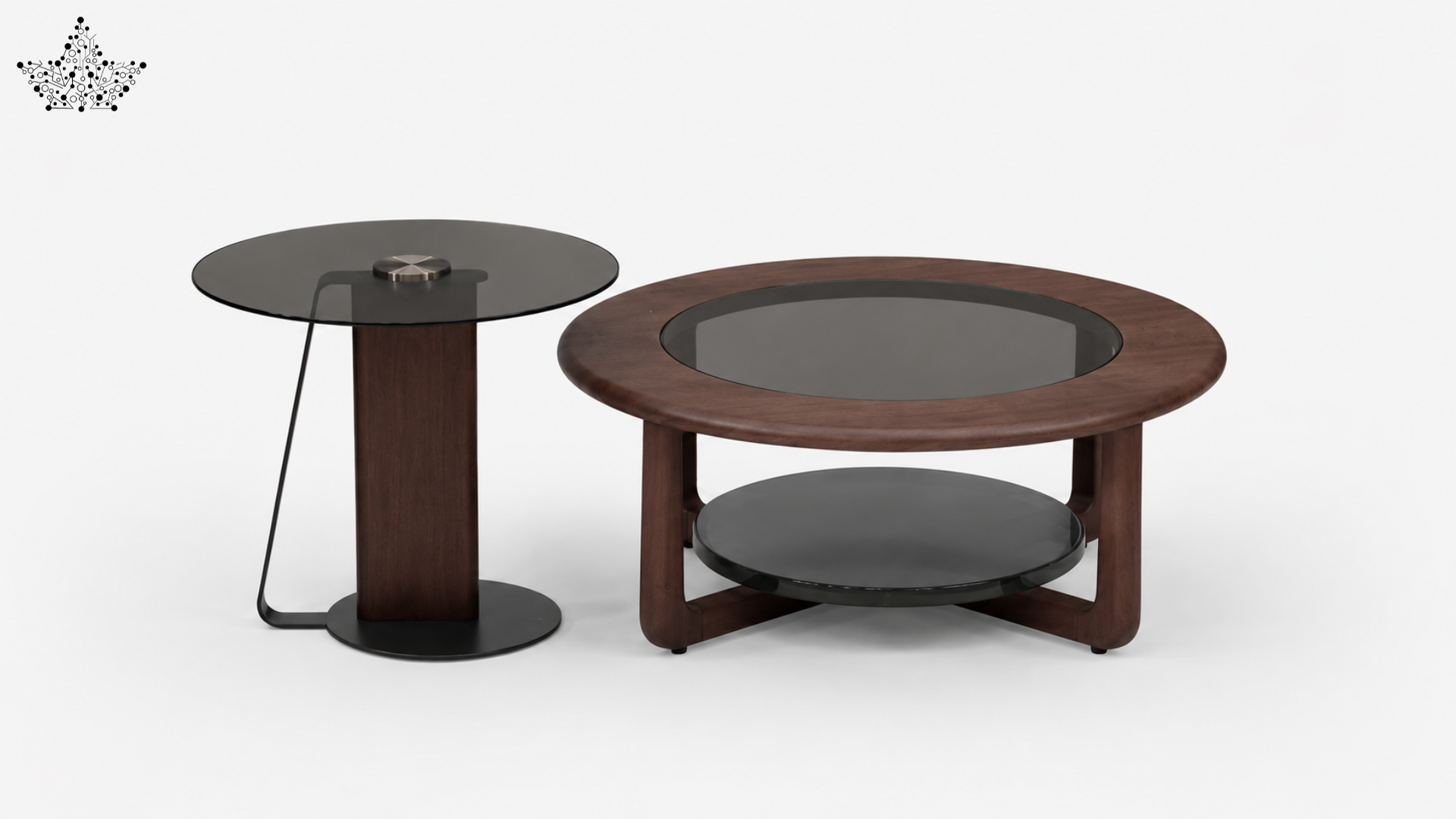 Two wooden coffee tables with glass tops on a white background