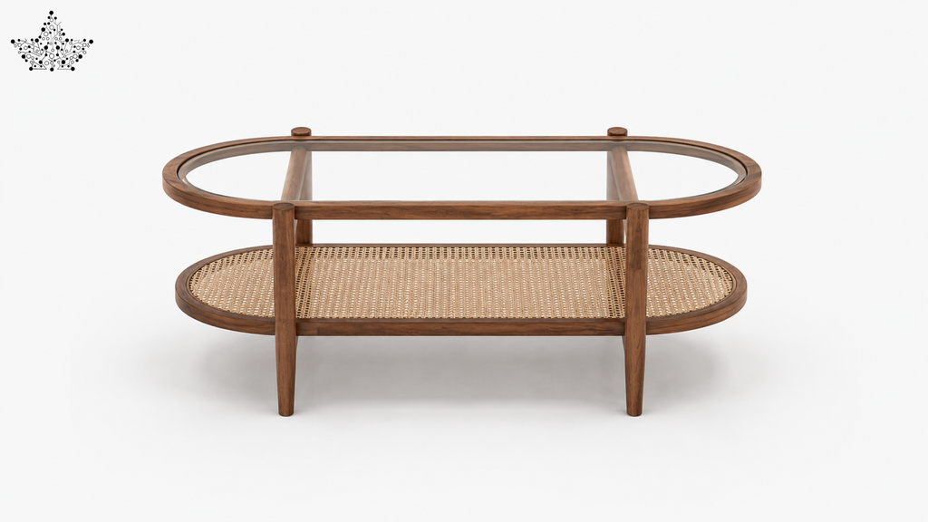 Two-tiered wooden coffee table with wicker shelf on a white background
