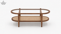 Two-tiered wooden coffee table with wicker shelf on a white background