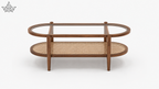 Two-tiered wooden coffee table with wicker shelf on a white background
