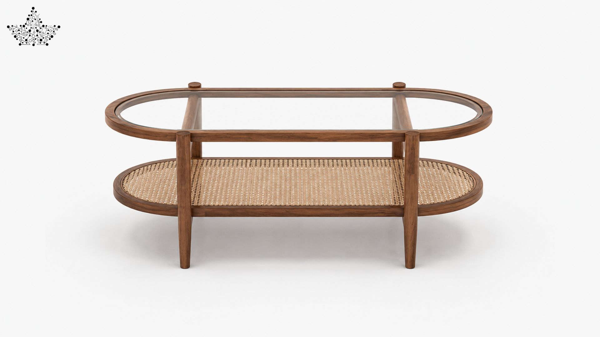 Two-tiered wooden coffee table with wicker shelf on a white background