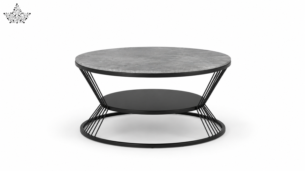 Round coffee table with a gray top and black metal base on a white background