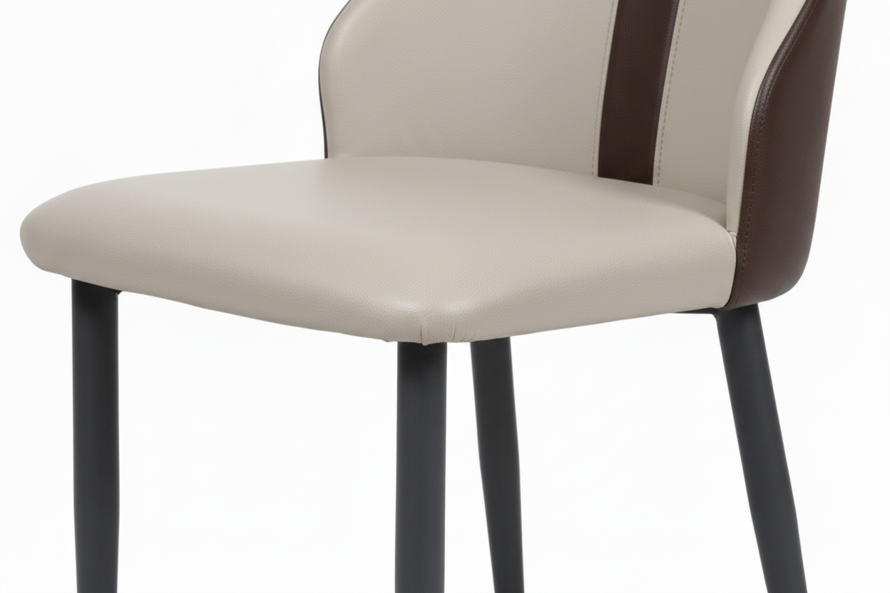 Chair with beige seat and backrest and brown accents on a white background