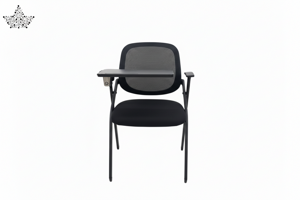 Black adjustable chair with a tray on a white background