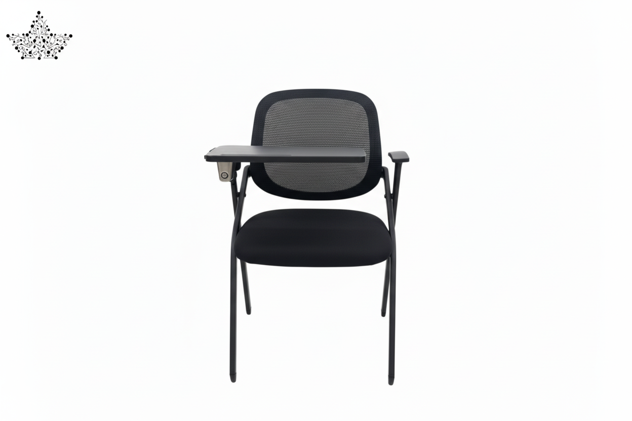 Black adjustable chair with a tray on a white background