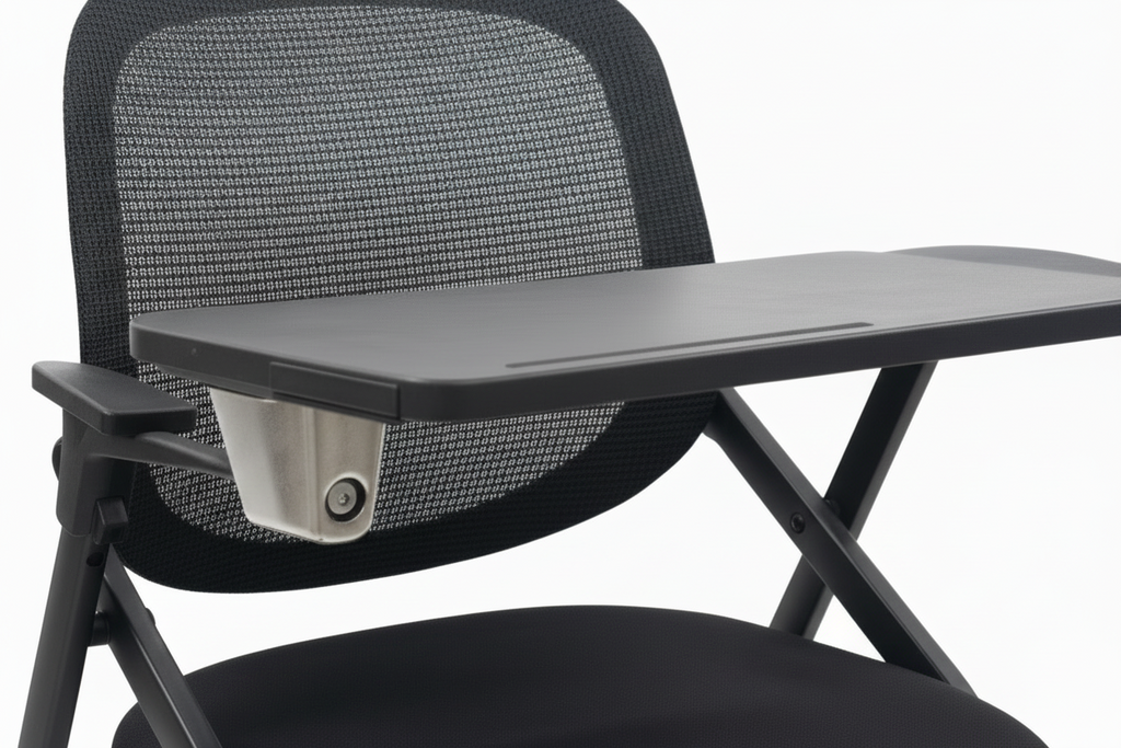 Black chair with a tray on a white background