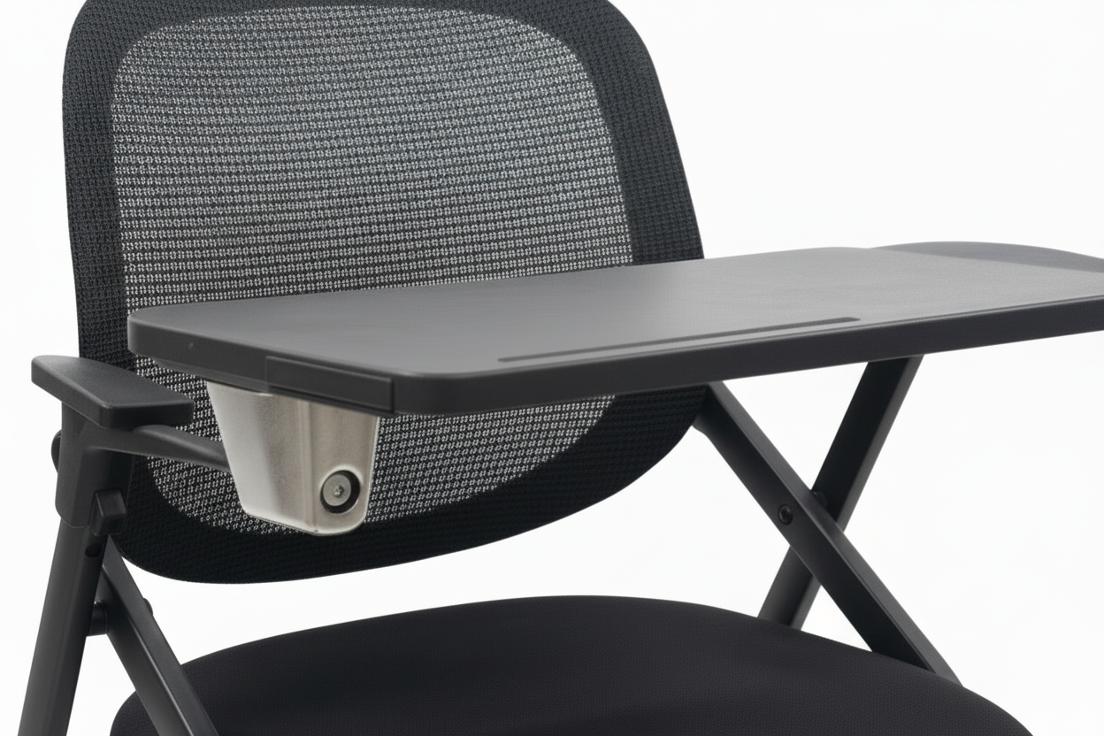Black chair with a tray on a white background