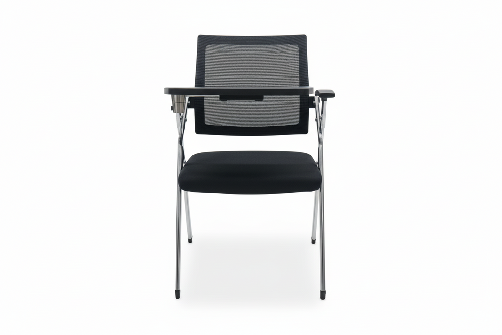 Black office chair with a mesh backrest on a white background