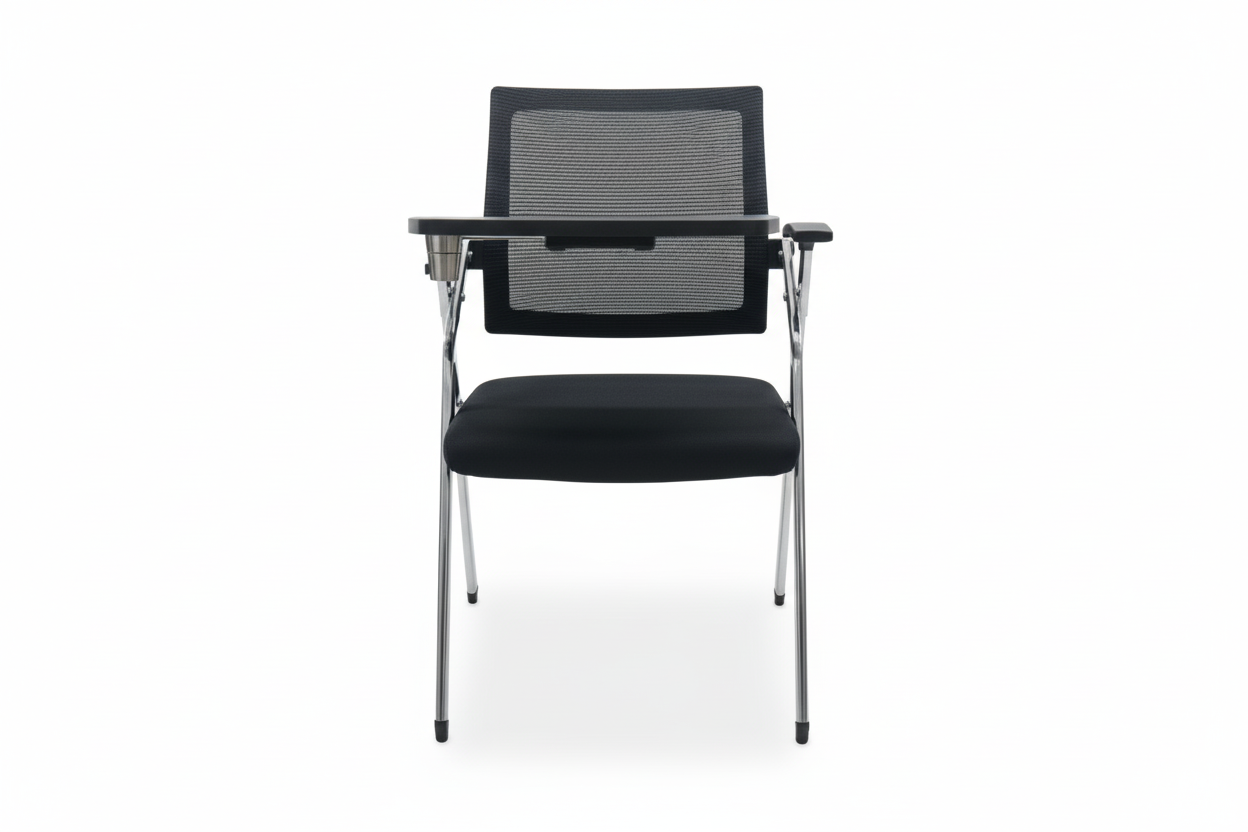 Black office chair with a mesh backrest on a white background