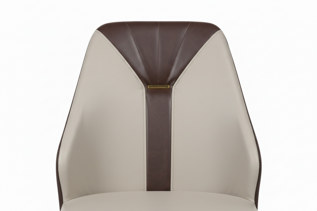 Modern chair with beige seat and backrest and dark brown accents on a white background