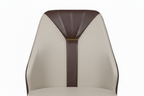 Modern chair with beige seat and backrest and dark brown accents on a white background