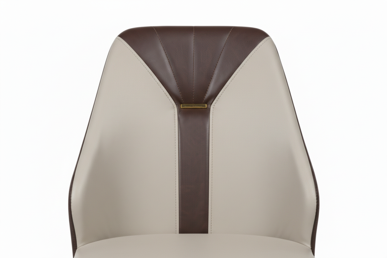 Modern chair with beige seat and backrest and dark brown accents on a white background