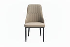 Beige upholstered chair with black legs on a white background