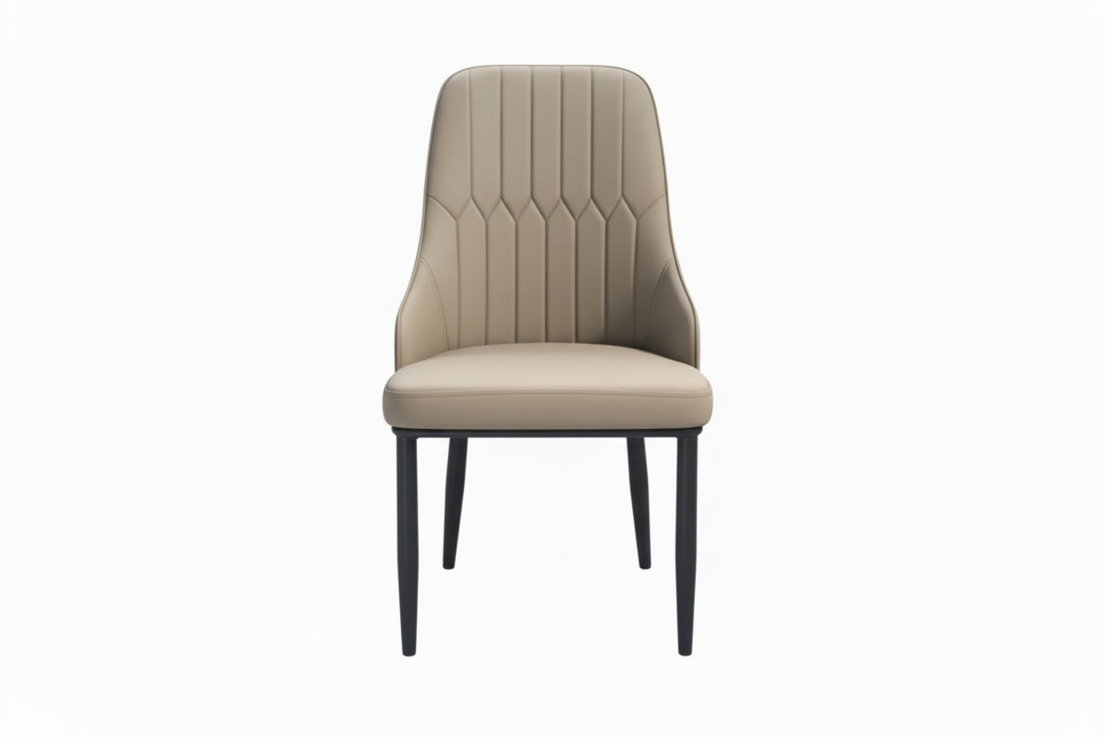 Beige upholstered chair with black legs on a white background