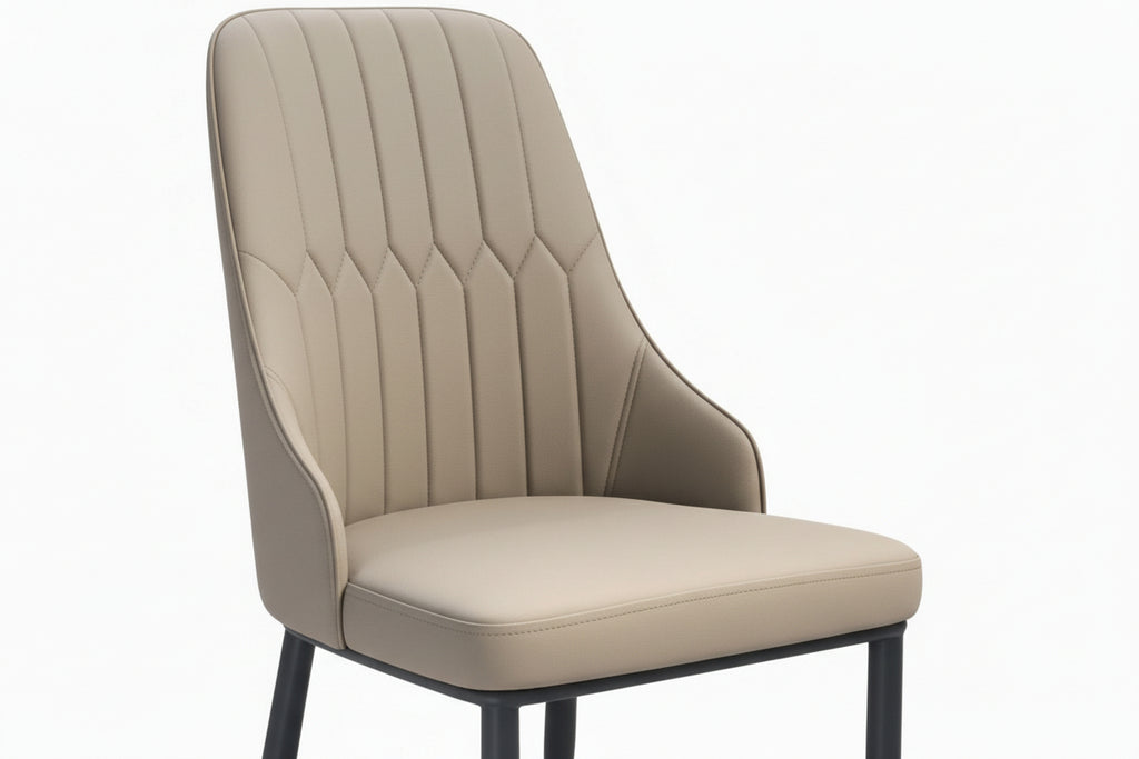 Beige upholstered chair with black legs on a white background