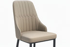 Beige upholstered chair with black legs on a white background
