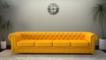 Yellow sofa in a room with a clock on the wall and plants.