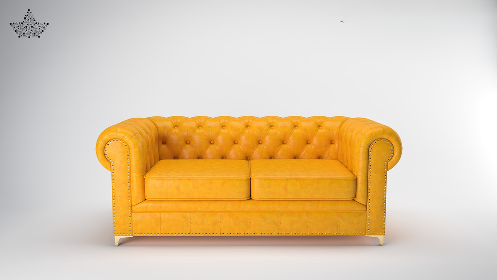 Yellow Chesterfield sofa on a white background