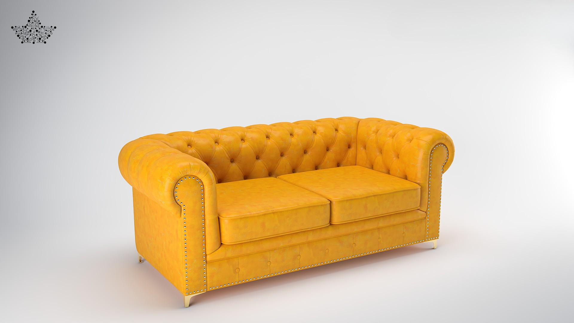 Yellow velvet sofa on a white background