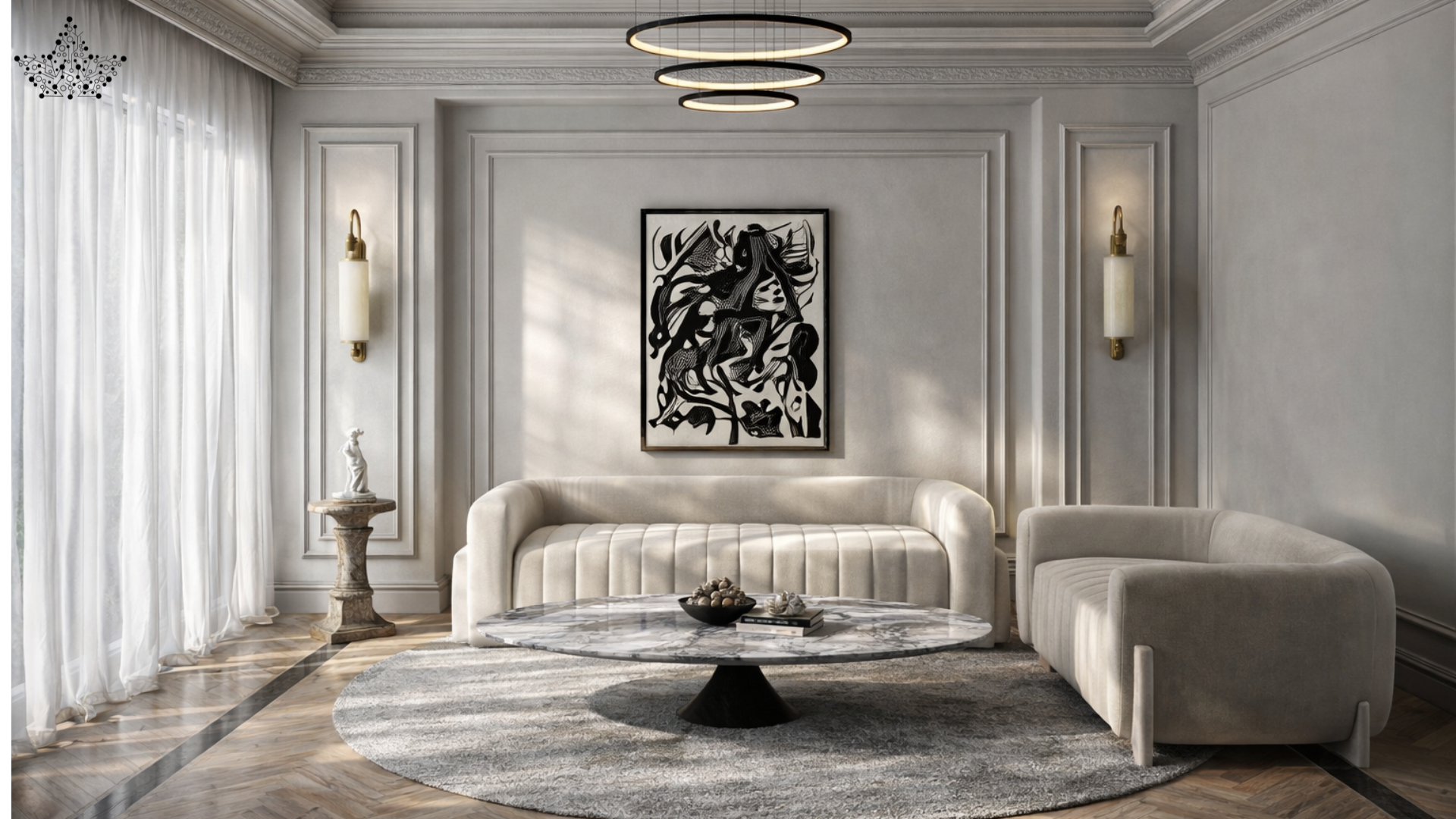 Modern living room with a beige sofa, abstract artwork, and decorative elements.