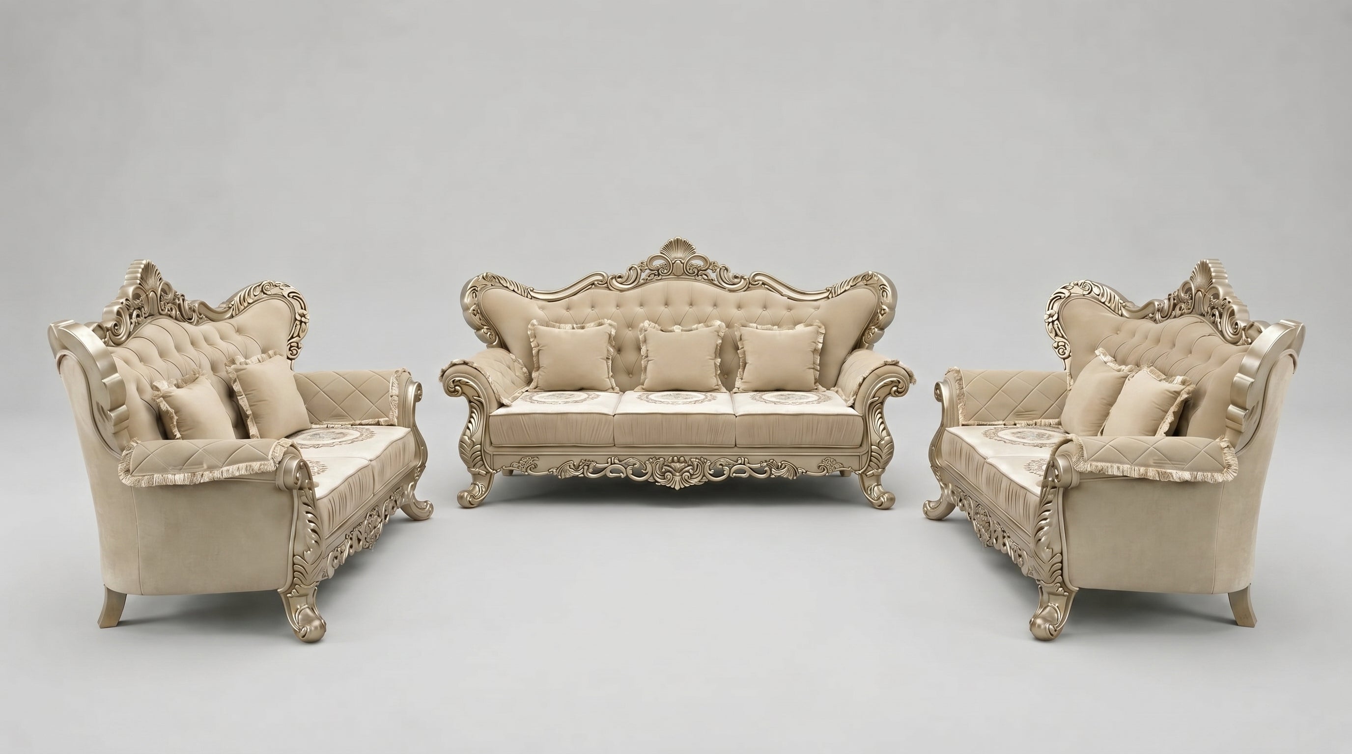 Beige ornate sofa set on a gray background