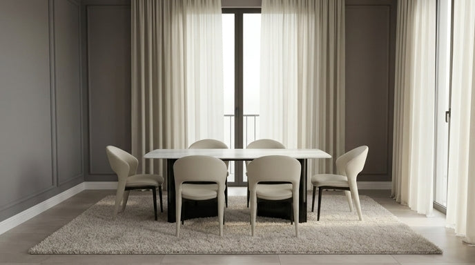 Marble Top Dining Set with Upholstered Chairs – 6 Seater