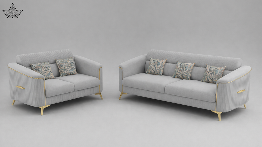 Two gray sofas with decorative pillows on a gray background