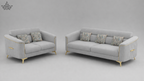 Two gray sofas with decorative pillows on a gray background