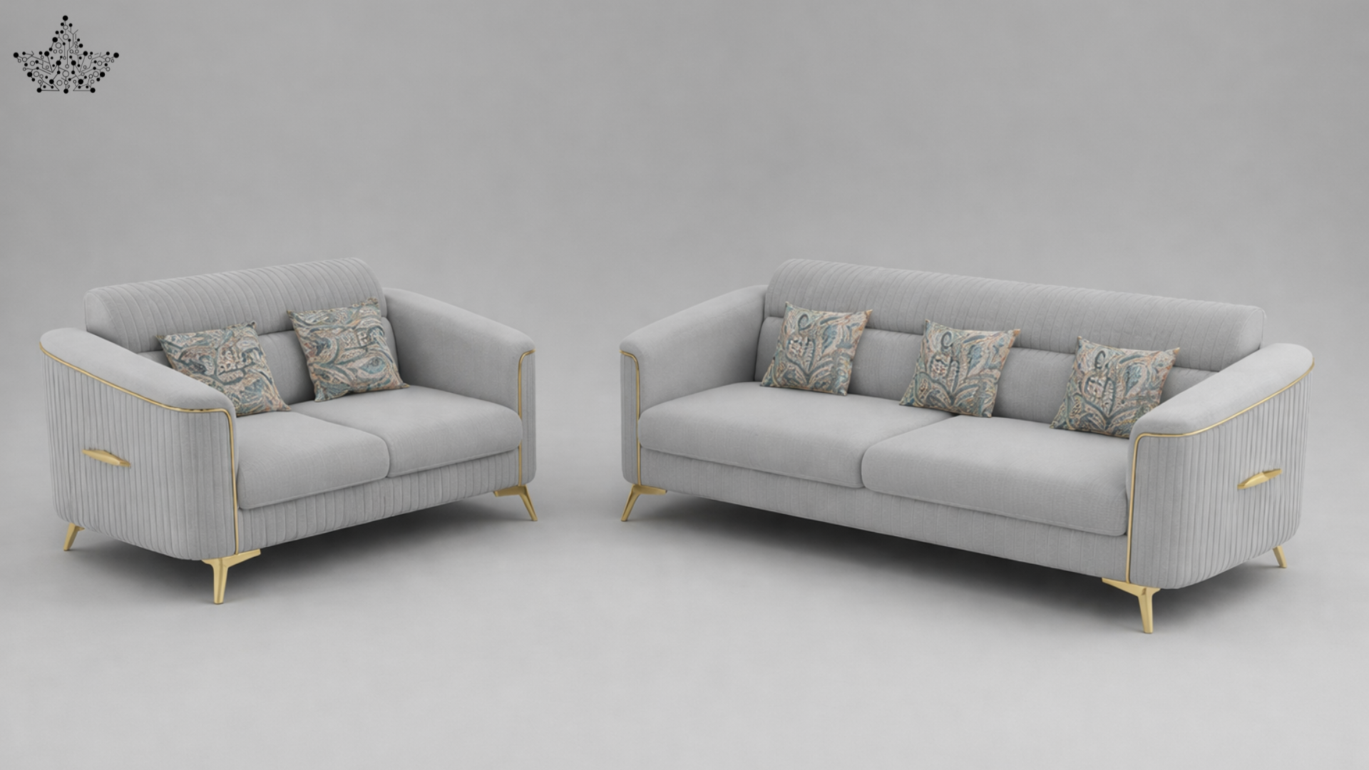 Two gray sofas with decorative pillows on a gray background
