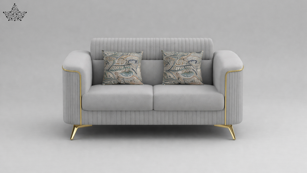 Gray sofa with decorative pillows on a gray background