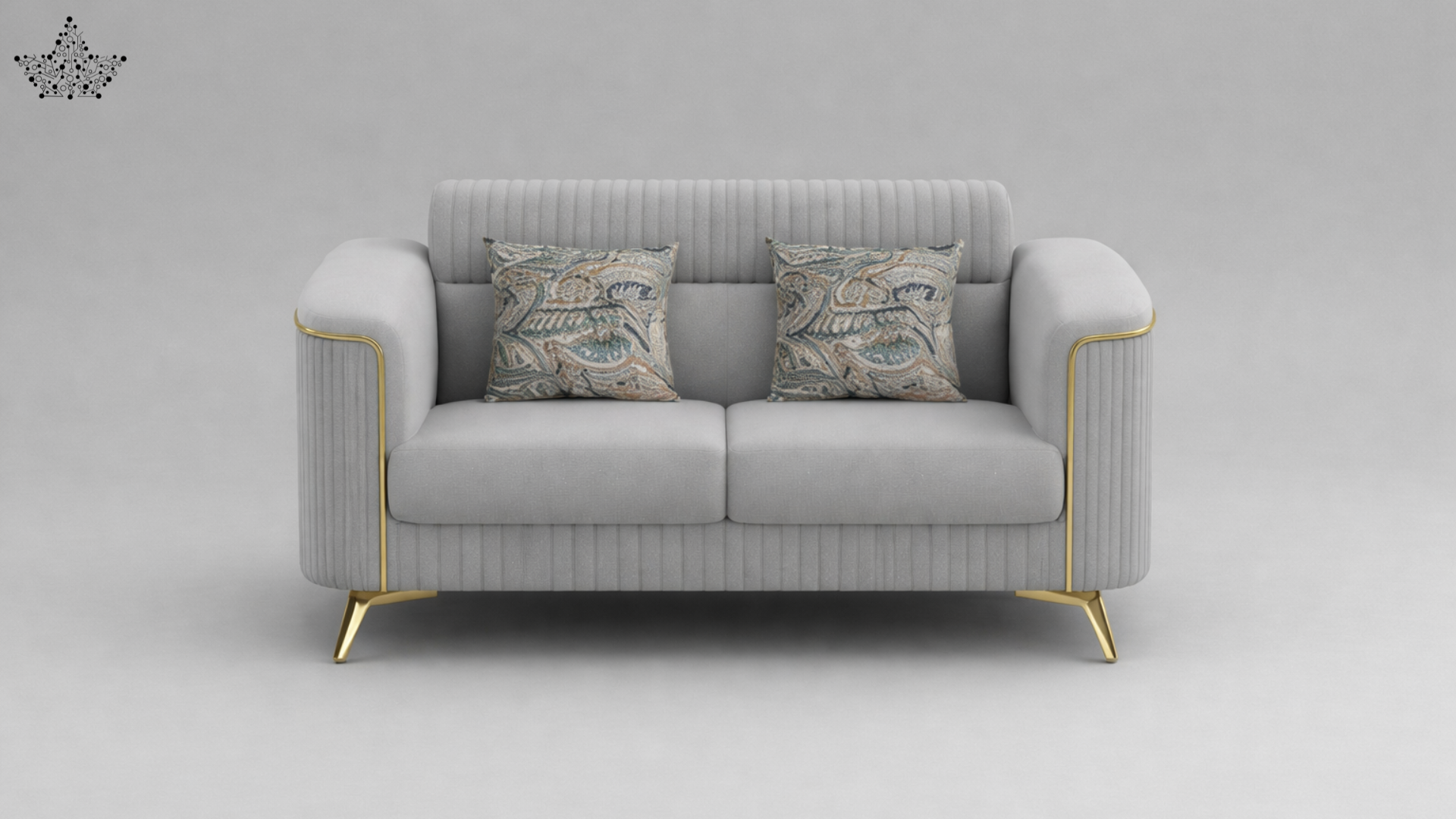 Gray sofa with decorative pillows on a gray background
