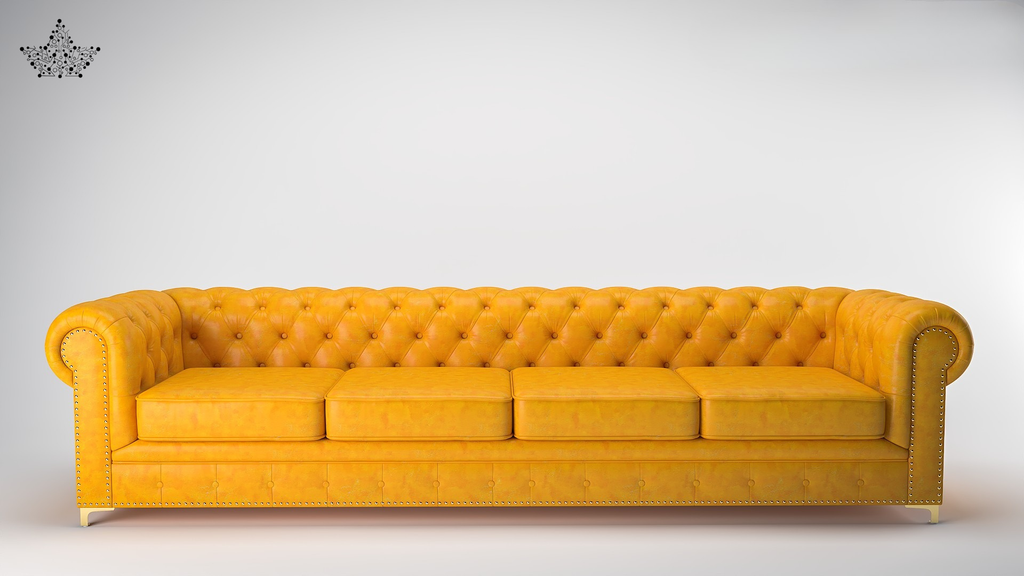 Yellow tufted sofa on a white background