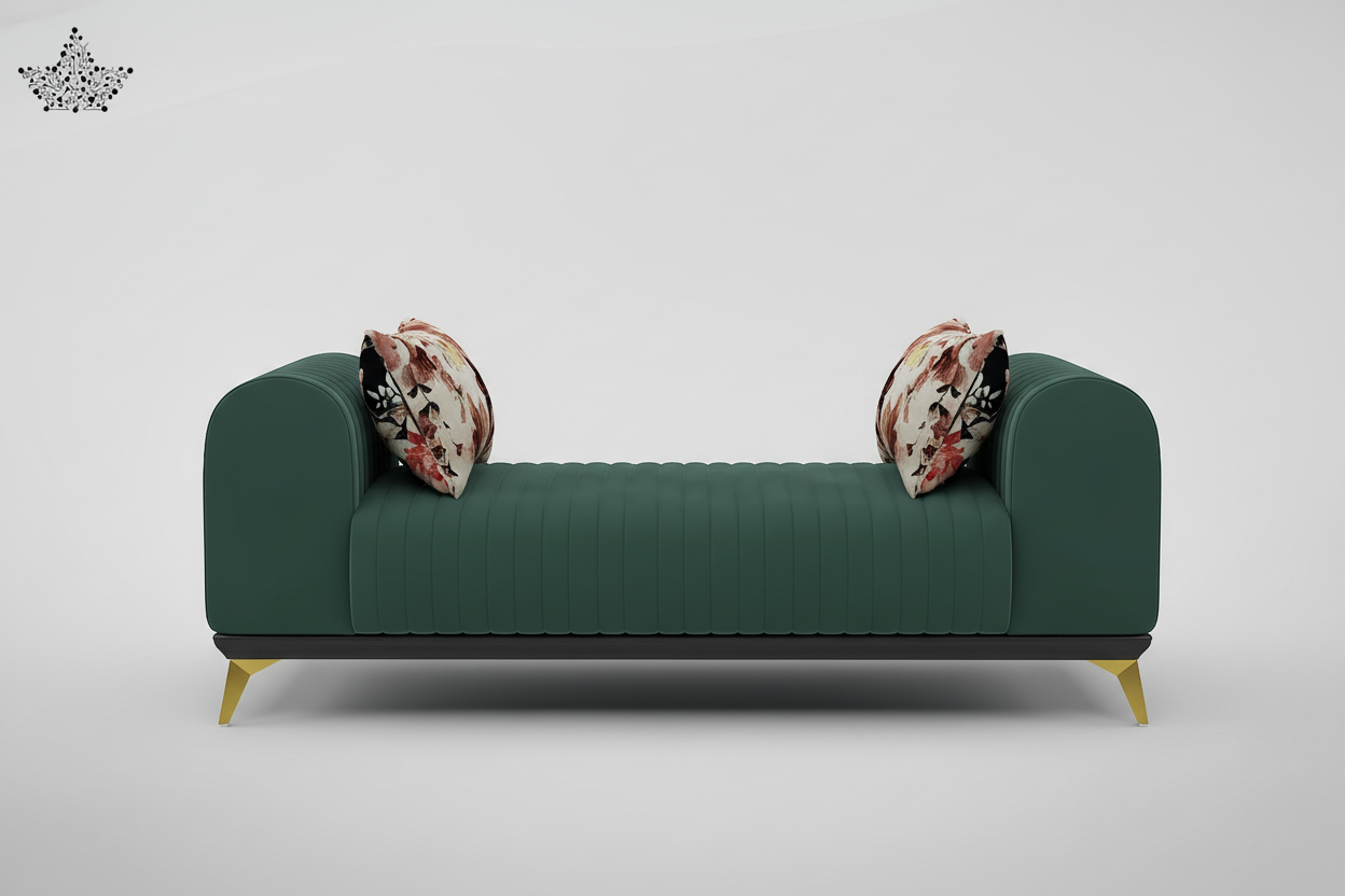 Green sofa with two decorative pillows on a gray background