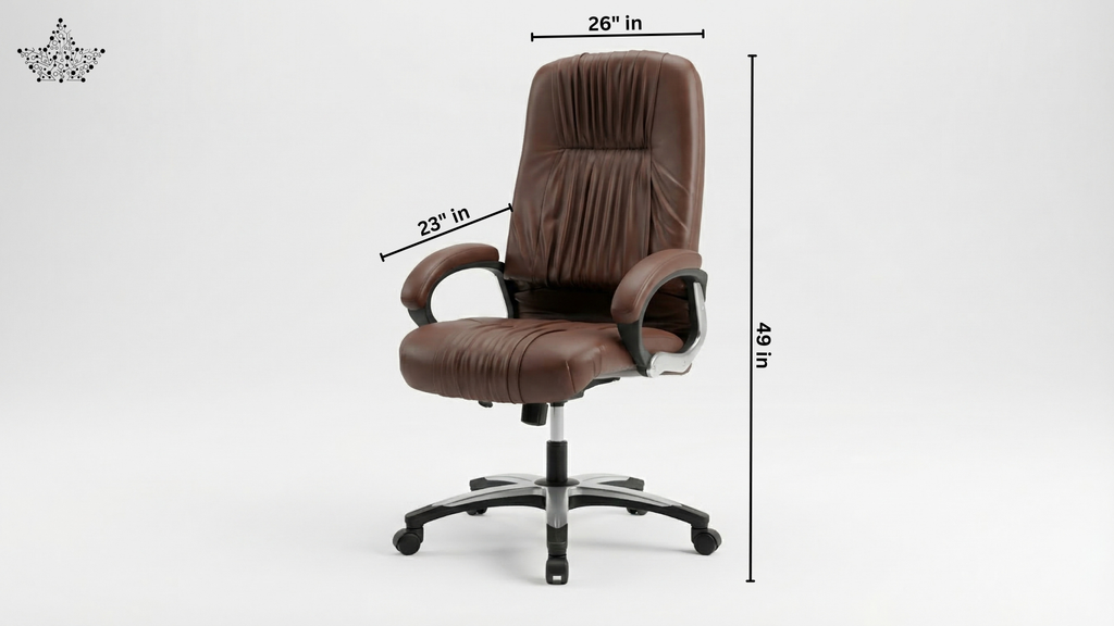 Brown office chair with dimensions indicated on a white background