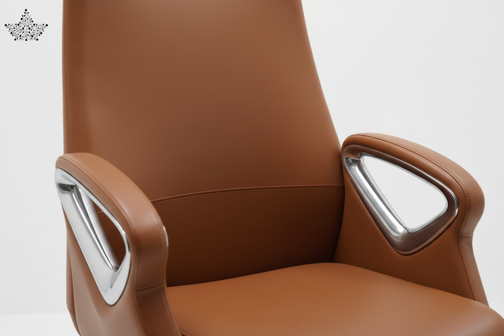 Brown office chair with silver accents on a white background